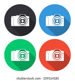 Photo camera vector icon - colored(gray, blue, green, red) round buttons with long shadow