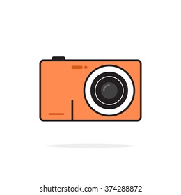 Photo camera vector icon isolated on white background, photocamera pictogram, red camera flat modern design in outline linear thin line style, photo camera image