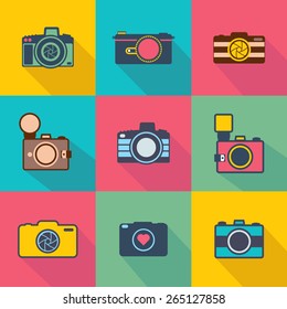 Photo camera vector icon set in flat style with long shadows.