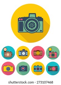 Photo camera vector icon set in flat style with long shadows.