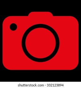 Photo Camera vector icon. Style is flat symbol, red color, rounded angles, black background.