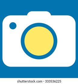 Photo Camera vector icon. Style is bicolor flat symbol, yellow and white colors, rounded angles, blue background.