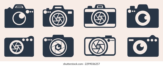 Juego de iconos vectoriales de cámara fotográfica. Conjunto de iconos de fotos y video. Iconos de fotografía, cámara de video y cámara fotográfica. Icono de diafragma. Ilustración del vector
