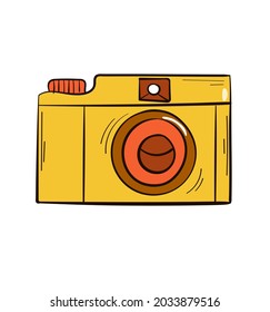 Photo camera vector illustration. Isolated on a white background. Hand drawn style. Photographing. Yellow camera. An object. No people.