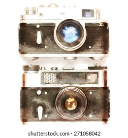 Photo camera. Vector illustration. Watercolor imitation. 