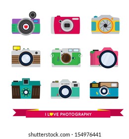  Photo Camera Vector Set - I love photography - Flat Style