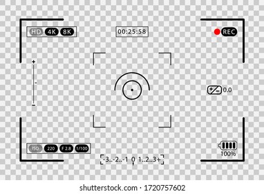 Photo camera viewfinder. Layout of camera screen or display with frame, figure and battery symbol.Video recording screen on transparent background. Vector illustration EPS10.