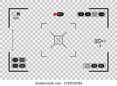 Photo camera viewfinder. Recorder cam display, rec viewfinder screen or movie recording preview vector. Video recording screen on transparent background. Vector illustration EPS10.
