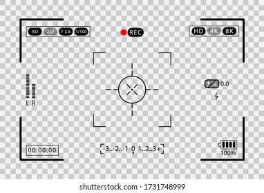 Photo camera viewfinder. Recorder cam display, rec viewfinder screen or movie recording preview vector. Video recording screen on transparent background. Vector illustration EPS10.