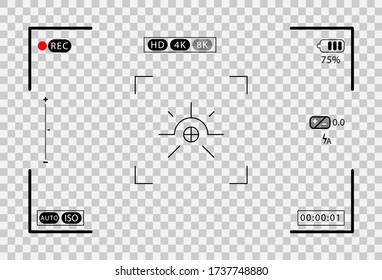 Photo camera viewfinder. Recorder cam display, rec viewfinder screen or movie recording preview vector. Video recording screen on transparent background. Vector illustration EPS10.