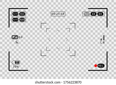 Photo camera viewfinder. Recorder cam display, rec viewfinder screen or movie recording preview vector. Video recording screen on transparent background. Vector illustration EPS10.