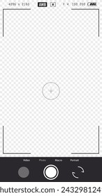 Photo camera viewfinder vertical overlay. 16:9 template. Full hd or 4k format for smart phone. Camera frame vector template. Black lines and text, rec button on transparent background. 