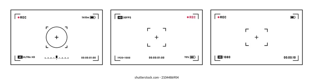 Photo camera viewfinders frame set. Camera horizontal viewfinder template on a transparent background. 4K phone resolution video rec frame. Video recording screen. Vector graphic design.