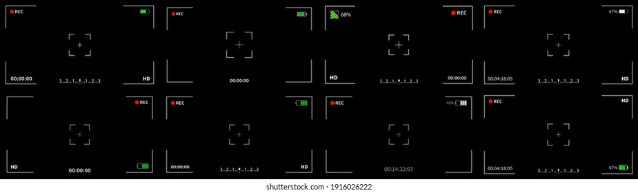 Photo camera viewfinders. Recorder cam display, viewfinder ui for camera. Set of vector video recording viewfinders screen.