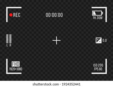 Photo camera viewfinders. Video recording screens on transparent background. Recorder cam display, rec viewfinders screen for movie recording preview.