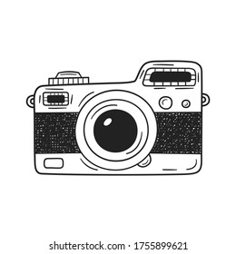 Photo camera vintage. Engraved hand drawn in sketch or wood cut style. Old looking retro lens. Isolated vector illustration.