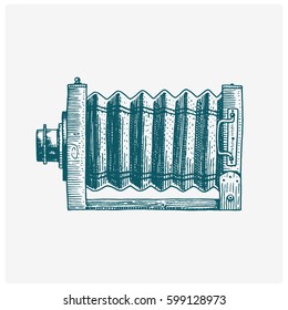 Photo camera vintage, engraved hand drawn in sketch or wood cut style, old looking retro lens, isolated vector realistic illustration