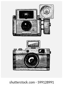 Photo camera vintage, engraved hand drawn in sketch or wood cut style, old looking retro lens, isolated vector realistic illustration