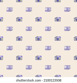 Photo camera vintage seamless pattern. Retro photo cameras design. Repeated texture in doodle style for fabric, wrapping paper, wallpaper, tissue. Vector illustration.
