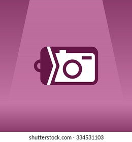 Photo camera in a waterproof case flat icon. Plastic bag for electronics vector symbol.