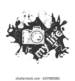 Photo camera. White object on black background. Grunge vector illustration