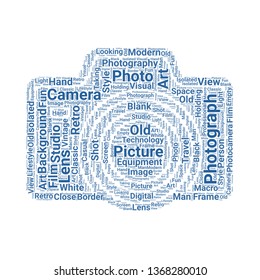 photo camera word cloud. tag cloud about photo camera