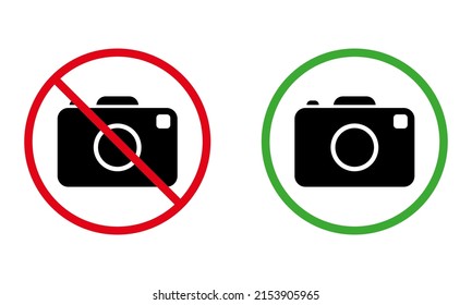 Photo Camera Zone Black Silhouette Icon. Notice Photography Allowed Area. Alert Camera Capture Zone Place Red Green Circle Symbol. No Photograph Camera Sign. Isolated Vector Illustration.