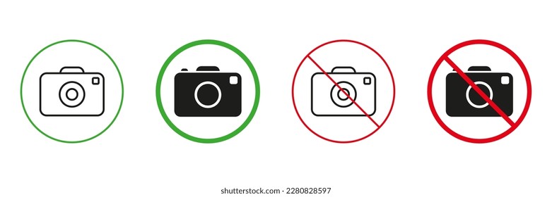 Photo Camera Zone Red and Green Warning Signs. Place for Camera Capture Line and Silhouette Icons Set. Allowed and Prohibited Photography Area Pictogram. Isolated Vector Illustration.