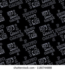Photo cameras and captions on black background. Seamless pattern for web design, decorations for textiles, gratings, packaging materials.
