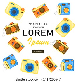 Photo cameras and lettering template about summer discounts and sales.