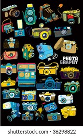 Photo Cameras on Black (hand drawn vector)