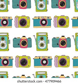 Photo cameras pattern. Vector hand drawn illustration.