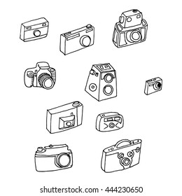 Photo cameras set. Hand drawn vector stock illustration. Black and white whiteboard drawing.