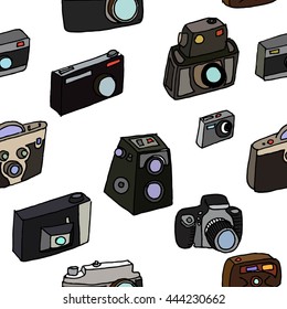 Photo cameras set. Hand drawn vector stock illustration. Seamless background pattern.