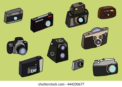 Photo cameras set. Hand drawn vector stock illustration.