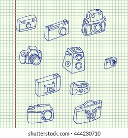 Photo cameras set. Hand drawn vector stock illustration. Sheet ball pen drawing.