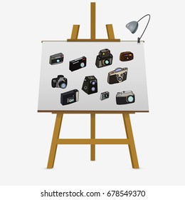 Photo cameras set on easel. Hand drawn vector stock illustration.