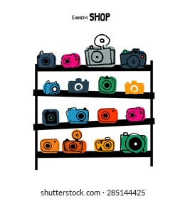 Photo cameras shop market set illustration