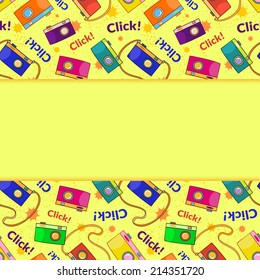 Photo cameras vector background in funny doodle style with space for text
