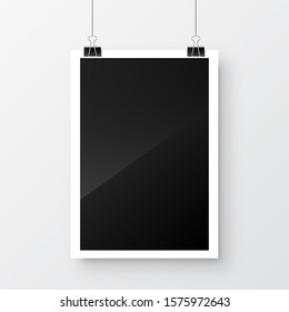 Photo card frame, film hanging on paper clips. Digital snapshot image. Photography art. Photograph template or mockup for design. Vector illustration.