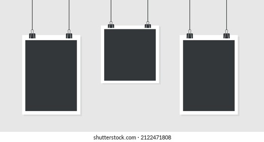 Photo card frame, film hanging on paper clips. Digital snapshot image. Photography art. Photograph template or mockup for design. Vector illustration.