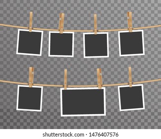Photo card frame rope hanging digital photography image mockup vector set illustration