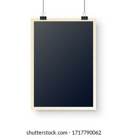 Photo card hanging on paper clips. Digital snapshot frame, photography. Vintage retro photograph. Mockup for design. Vector illustration.