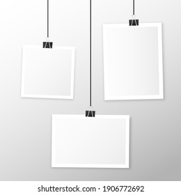 Photo card hanging on paper clips. Digital snapshot frame, photography. Vintage retro photograph. Mockup for design. Vector illustration.