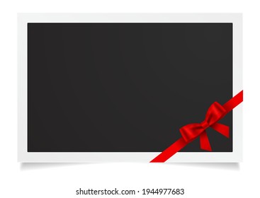 photo card picture with red bow and ribbon 3d icon isolated on white background