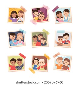 Photo Card or Snapshot with Happy Smiling Children Sticking on the Wall Vector Set