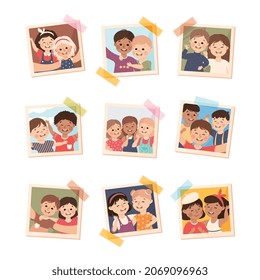 Photo Card or Snapshot with Happy Smiling Children Sticking on the Wall Vector Set