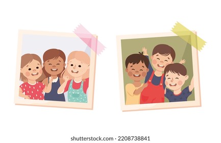 Photo Card or Snapshot with Happy Smiling Children Sticking on the Wall Vector Set