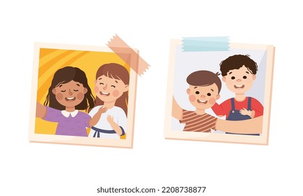 Photo Card or Snapshot with Happy Smiling Children Sticking on the Wall Vector Set