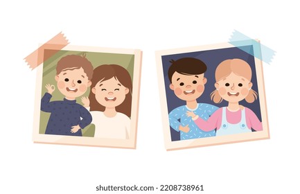 Photo Card or Snapshot with Happy Smiling Children Sticking on the Wall Vector Set